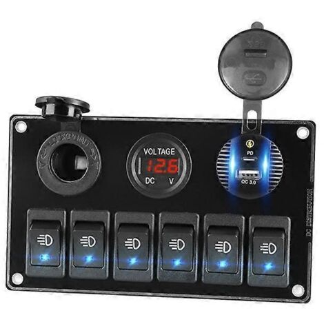 Prises Multiples 6 Prises Voltmètre Voiture Interrupteur Marche/Arrêt Bouton Poussoir Toggle