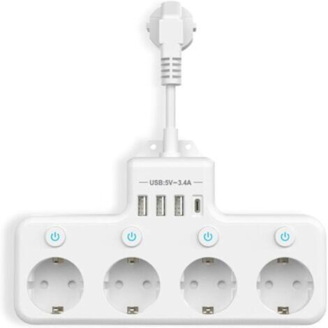 Prises Multiples avec USB, Multiprise 4 Compartiments avec Interrupteur Unique Multiprise avec 3 USB & 1 Type-C (5V 3.4A) pour Cuisine Salon Chambre Bureau