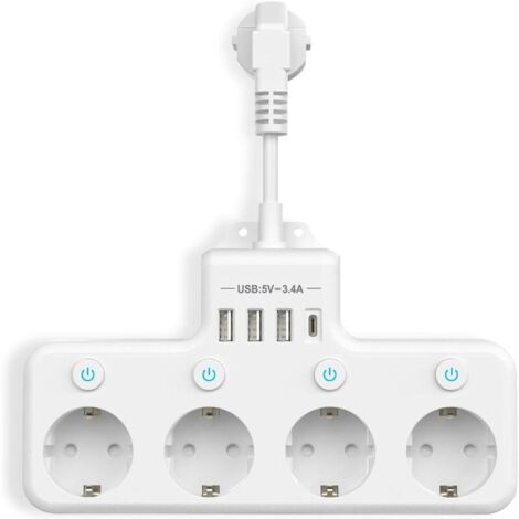 Prises Multiples avec USB, Multiprise 4 Compartiments avec Interrupteur Unique Multiprise avec 3 USB & 1 Type-C (5V 3.4A) pour Cuisine Salon Chambre Bureau