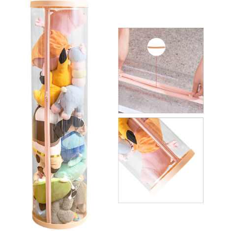 Prism Plüschtierkorb – Transparenter, zylindrischer Puppeneimer mit Reißverschluss, 26 x 120 cm, Rosa – Großes Fassungsvermögen