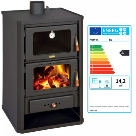 Prity – Cuisinière à bois avec four – Puissance 14 kW – Sortie de fumée supérieure – Dimensions 570x530x1030 mm – Pour bois et charbon