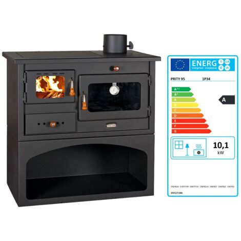 Prity – Poêle à bois 10 kW avec four – Sortie de fumée supérieure 130 mm – Chambre de combustion en briques réfractaires – Largeur 750 mm