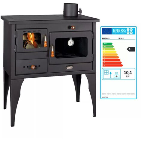 Prity – Poêle à bois 10 kW avec four – Sortie de fumée supérieure 130 mm – Chambres de combustion en briques réfractaires – Pour bois et charbon - 1P34L