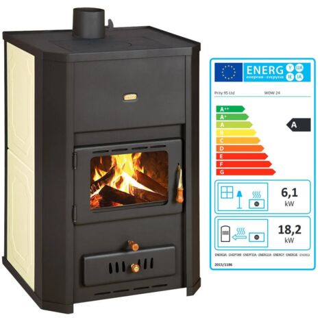 Prity – Poêle à bois 6kW pour chauffage central – Chaudière intégrée 23kW – Sortie de fumée supérieure – Compatible avec bois et charbon