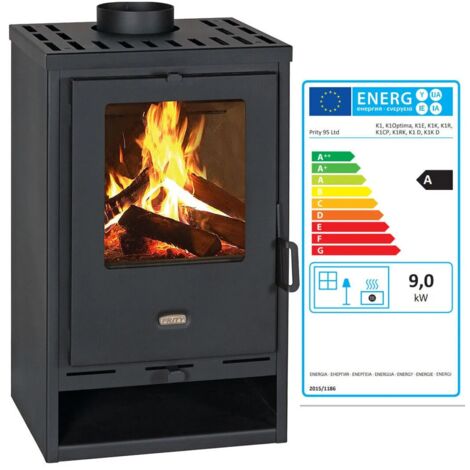 Prity – Poêle à bois 9 kW – Efficacité énergétique A – Pour bois secs – Tirage cheminée 11 Pa – Dimensions 460x400x750 mm