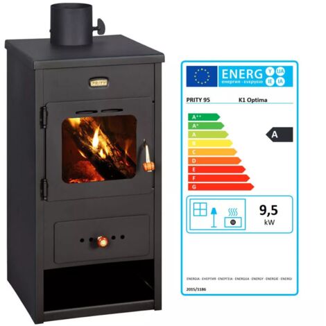 Prity – Poêle à bois 9.5 kW – Sortie de fumée supérieure – Chambre de combustion en briques réfractaires – Dimensions 390x390x760 mm