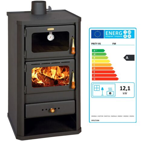 Prity – Poêle à bois avec four 12 kW – Sortie fumée 130 mm – Dimensions 490x460x930 mm – Pour bois et charbon