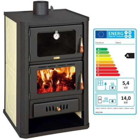 Prity – Poêle à bois avec four pour chauffage central – Puissance 5 + 15 kW – Sortie de fumée supérieure – Dimensions 570x530x930 mm