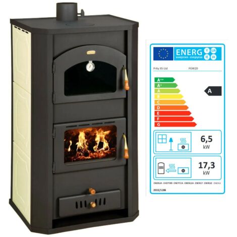 Prity – Poêle à bois avec four pour chauffage central – Puissance 6 + 20 kW – Sortie fumée supérieure – Compatible bois et charbon