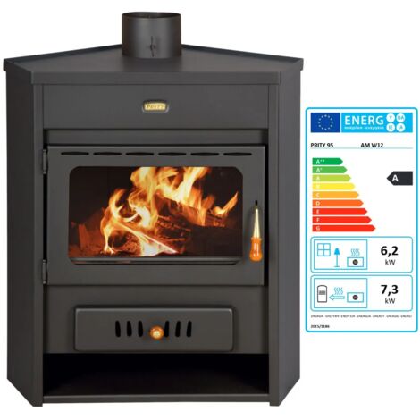 Prity – Poêle à bois de coin 6 kW pour chauffage central – Sortie de fumée supérieure – Dimensions 720x550x820mm – Pour bois et charbon