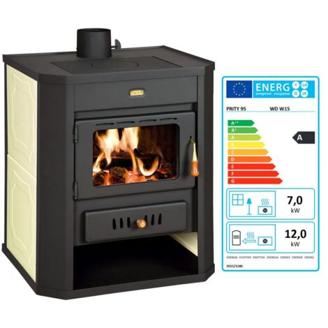 Prity – Poêle à bois pour chauffage central – Chaudière intégrée 15 kW – Sortie de fumée supérieure 130 mm – Compatible bois et charbon