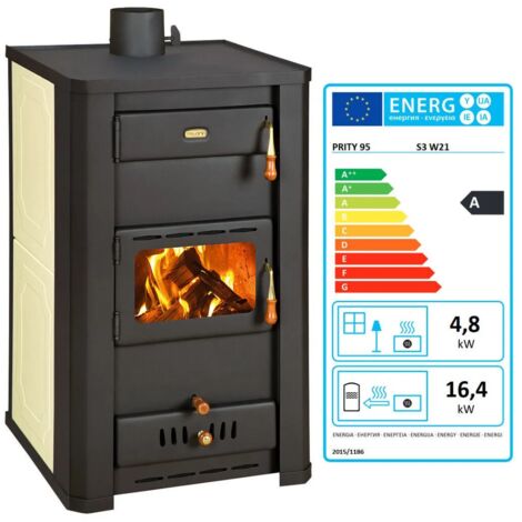 Prity – Poêle à bois pour chauffage central – Puissance 5 + 21 kW – Chaudière intégrée – Sortie de fumée supérieure – Compatible bois et charbon