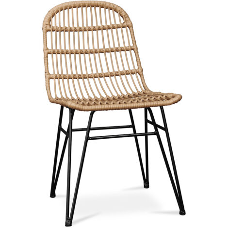 Privatefloor – Chaise de salle à manger en rotin synthétique – Style boho vintage – Pieds en métal noir – Dimensions 50x44x85 cm