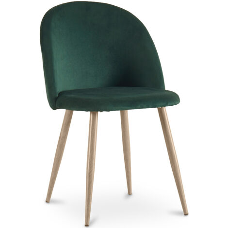 Privatefloor – Chaise de salle à manger tapissée velours scandinave – Coussin rembourré – Pieds en bois renforcé métal – Dimensions 57x50x79cm – Couleur vert foncé