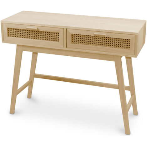 Privatefloor – Console d'entrée en bois naturel – 2 tiroirs en cannage rotin – Dimensions 100x36x76 cm – Design boho pour décoration intérieure