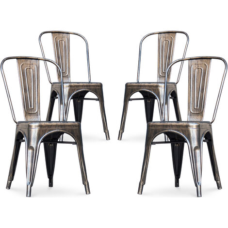 Privatefloor – Lot de 4 chaises de salle à manger – Design industriel – Dossier incliné pour confort – Dimensions 45x45x85.5cm – Bronze métallisé