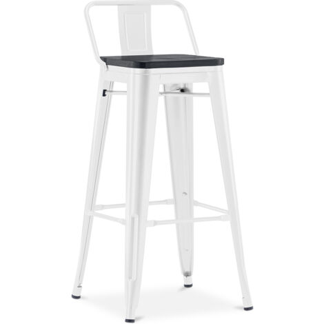 Privatefloor – Tabouret de bar avec dossier – Bois et acier – Hauteur 76cm – Design industriel – Base en fer léger avec semelles en caoutchouc