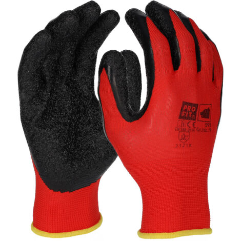 PRO FIT Latex-Feinstrickhandschuh SUPER – Größe 9 - 12 Paar, Arbeitshandschuhe atmungsaktiv, Rot/Schwarz, mit gerauter Beschichtung