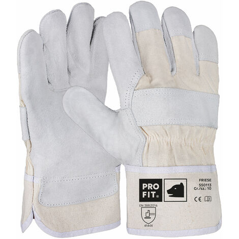 PRO FIT Rindspaltleder Arbeitshandschuh FRIESE, Größe 8 (M) - 12 Paar, natur, Canvas-Stulpe, weich & flexibel
