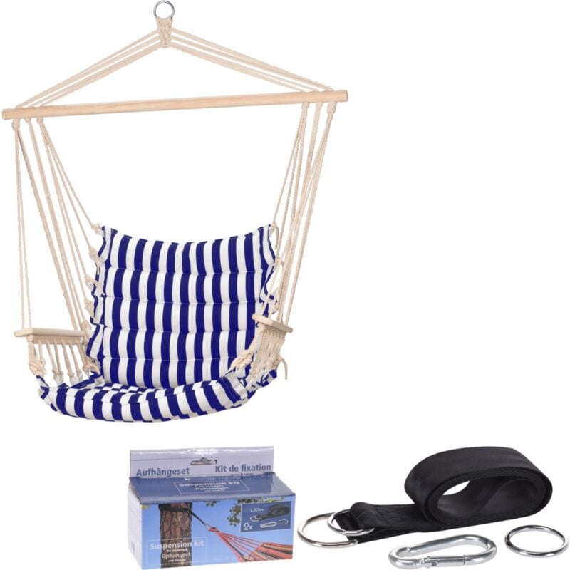 Pro Garden - Chaise hamac de jardin Pro - Bleu/Blanc - rayures + incl. Kit de suspension pour hamac