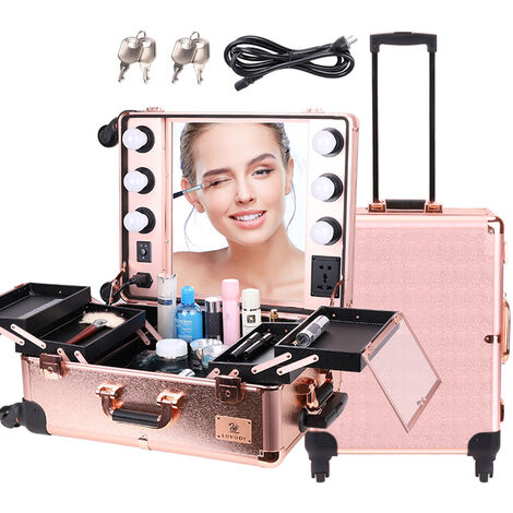 Pro Makeup Case Station Extendable Trays with 4 Rolling Wheels With Lights and Mirror