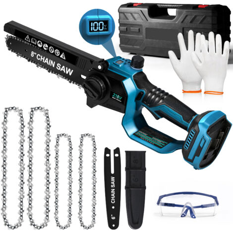 Pro Mini Tronçonneuse à Batterie 8 / 6 Pouces 28000RPM 900W Brushless électrique Sans Fil Portable, 4 Chaînes, pour Jardinage, Elagueurs, Coupes à Bois, Compat. Makita 18V