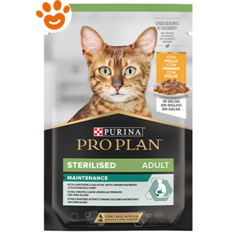 pro plan  sterilised, alimento umido per gatto, teneri pezzetti in salsa  con pollo.