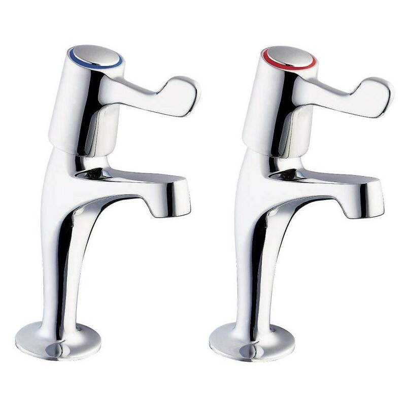 Hot Cold Long Lever Kitchen Sink Pillar Taps Chrome Plated 1/2" Outlet - Pair