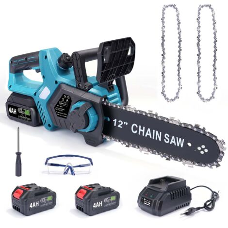 Pro Tronçonneuse sans Fil 12 Pouces 1000W à Batterie Brushless Electrique Portable Scie à Chaîne /2x4000mAh/18V pour Jardinage, Elagueurs, Coupes à Bois, Rechargeable, 2 Batterie
