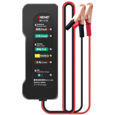 Probador de baterías portátil BT170 de 12 V para automóviles y motocicletas (compatible con 9-24 V CC) con indicador LED, analizador de fallas y prueba de sobrecarga.