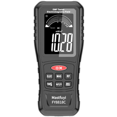 Probador de campo electromagnético recargable Mastfuyi FY8818C, 4 en 1, medición de temperatura por radiofrecuencia, pantalla LCD, alerta sonora y visual.