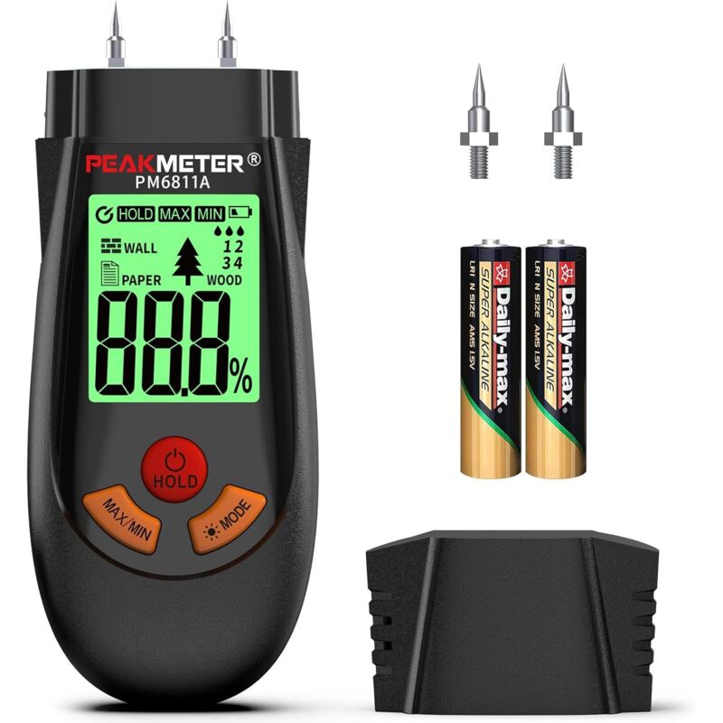 Probador de humedad, medidor de humedad de clavija (6 modos), puede medir rápidamente el contenido de humedad de troncos, papel, madera