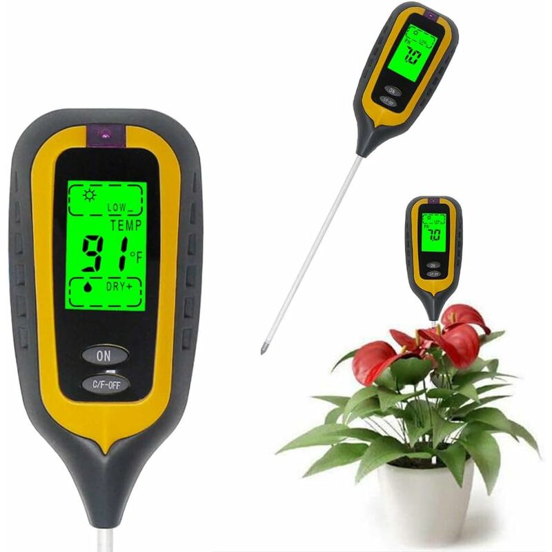 

Probador de suelo pH Humedad Temperatura de luz 4 en 1 pH Medidor de suelo Humedad Probador electrónico de tierra para plantas de jardín Amarillo