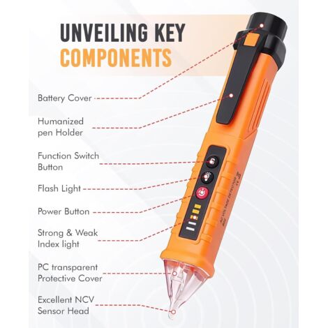 Probador de voltaje, detector de voltaje NCV con sensibilidad ajustable de 12V a 1000V, detector eléctrico sin contacto con luz LED, probador de cables eléctricos, detección de cables con y sin fase.