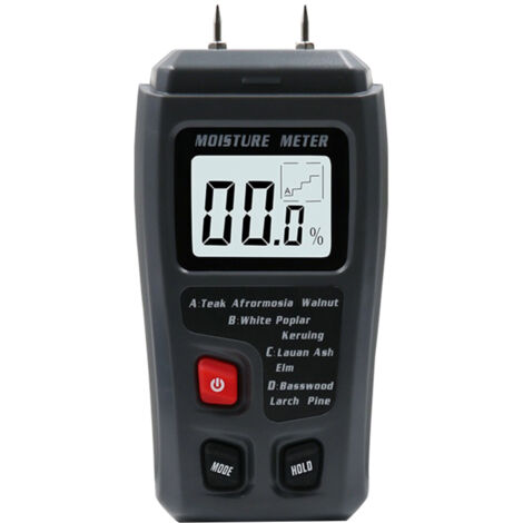 Probador digital de madera con clavijas, pantalla LCD retroiluminada, 4 modos seleccionables, batería de 9V 6F22 para leña y construcción.