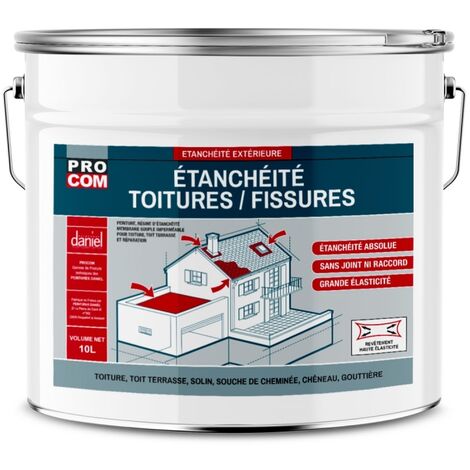 Procom – Peinture résine d'étanchéité toiture 10L – Haute élasticité – Répare fissures et tuiles – Résistante aux intempéries et UV