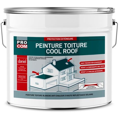 Procom – Peinture toiture anti chaleur blanche réfléchissante – SRI 104 – Économie d'énergie jusqu'à 40% – Résistante aux intempéries – 10 litres
