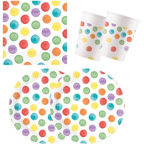 Procos 10137431-Set per Feste S Multiwater Color Dots, 52 Pezzi, Piatti, 16 Bicchieri, 20 tovaglioli, stoviglie USA e Getta, Decorazione da Tavolo, Marvel, Multicolore, Medium, 10137431