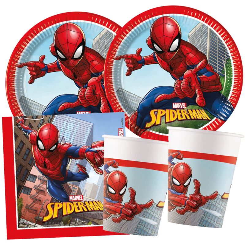 Image of Procos - Set per feste S Spider Man Crime Fighter, set da 52 pezzi, 16 piatti, 16 bicchieri, 20 tovaglioli, stoviglie usa e getta, stoviglie per