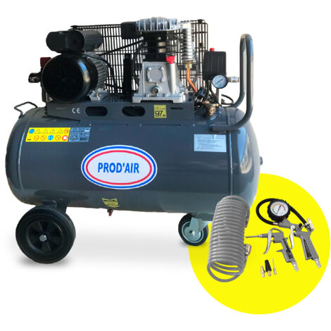 Prodair – Compresseur 100 litres 3 CV 10 bars lubrifié – Débit 209 l/min – Accessoires de gonflage inclus – Roues en caoutchouc renforcé