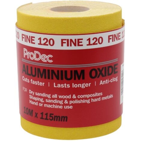 ProDec 10m Rotolo 120 Grana Fine Giallo Ossido di Alluminio Carta abrasiva per la levigatura di legno, vernice, intonaco, stucco, metallo e altro, carta abrasiva larga 115mm