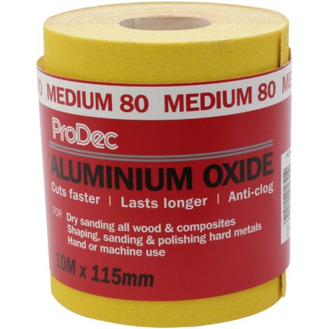 ProDec 10m Rotolo 80 Grana Media Giallo Ossido di Alluminio Carta abrasiva per la levigatura di legno, vernice, gesso, stucco, metallo e altro, 115mm di larghezza Carta abrasiva