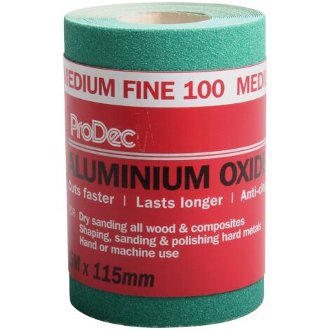 ProDec 5m Roll 100 Grit medio-fine grado verde ossido di alluminio carta abrasiva per la levigatura di legno, vernice, gesso, stucco, metallo e altro, 115 millimetri di larghezza carta vetrata
