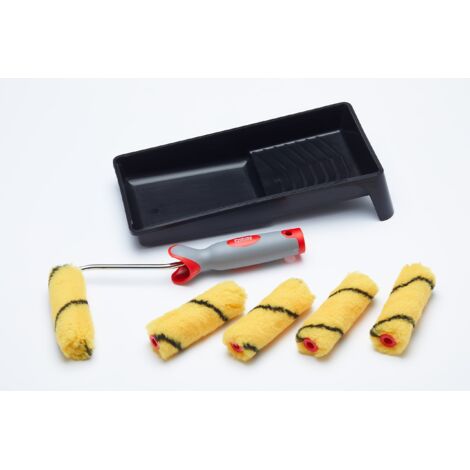 ProDec 7 pezzi di mini rulli per pittura intrecciati da 4 pollici, telaio e vassoio con impugnatura morbida per una verniciatura liscia con pitture a emulsione su pareti e soffitti interni, 4".