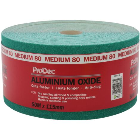 ProDec Rotolo di carta abrasiva in ossido di alluminio di grado medio, grana 80, 50 m, per levigare legno, vernice, gesso, riempitivo, metallo e molto altro ancora, carta vetrata larga 115 mm,
