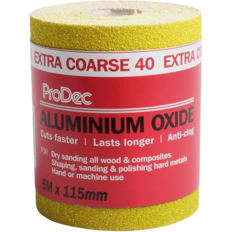 ProDec Rotolo di carta abrasiva in ossido di alluminio giallo grana 40, grana 40, per levigare legno, vernice, gesso, riempitivo, metallo e altro, larghezza 115 mm, compatibile con levigatrici a