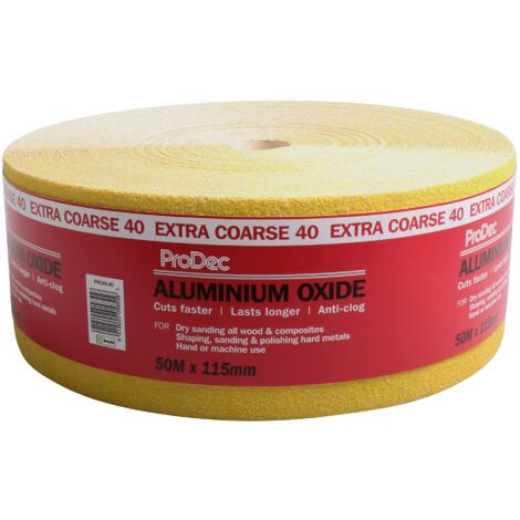 ProDec Rotolo di carta abrasiva in ossido di alluminio giallo grana 40, grana 40, per levigare legno, vernice, gesso, riempitivo, metallo e molto altro ancora, carta vetrata larga 115 mm, compatibile