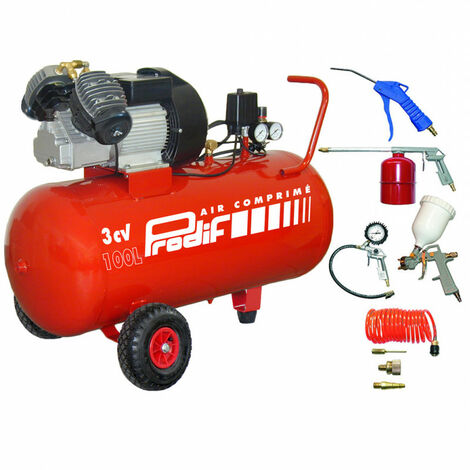 Prodif – Compresseur coaxial 100L 3CV – Bi-cylindre sur roues – Kit 8 accessoires pour peinture, gonflage et soufflage – Puissance 3CV - V204710