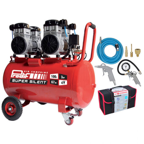 Prodif – Compresseur silencieux 100L 3CV – Moteur coaxial à entraînement direct – Niveau sonore 67 dB – Kit 6 accessoires inclus - SIL1003