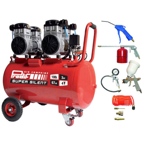 Prodif – Compresseur silencieux 100L 3CV – Moteur à vitesse lente 67 dB – Kit 8 accessoires pour applications professionnelles – Débit d’air élevé - SIL1003